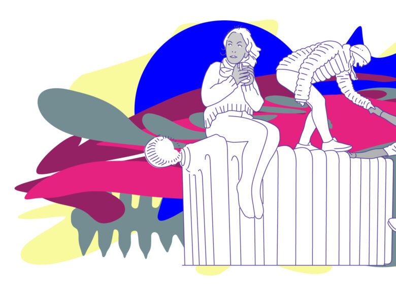 Illustration: Eine Person sitzt auf einem überdimensionierten Heizkörper, dahinter helfen sich zwei Personen gegenseitig, auf den Heizkörper zu steigen.