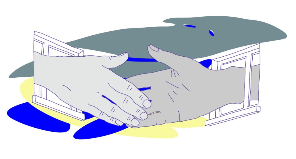 Illustration: Durch zwei Fenster erreichen sich zwei Hände.