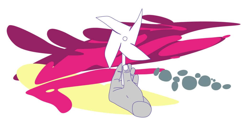 Illustration: Eine Hand hält ein Spielzeug-Windrad.