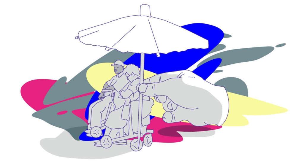Illustration: Zwei ältere Personen sitzen auf Rollatoren gestützt und werden von einem von einer Hand gehaltenen Schirm bedeckt