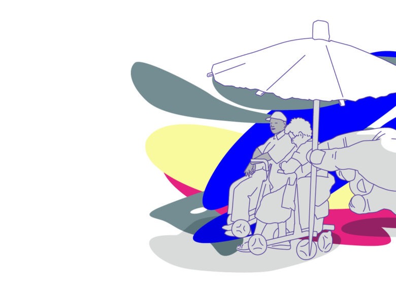 Illustration: Zwei ältere Personen sitzen auf Rollatoren gestützt und werden von einem von einer Hand gehaltenen Schirm bedeckt