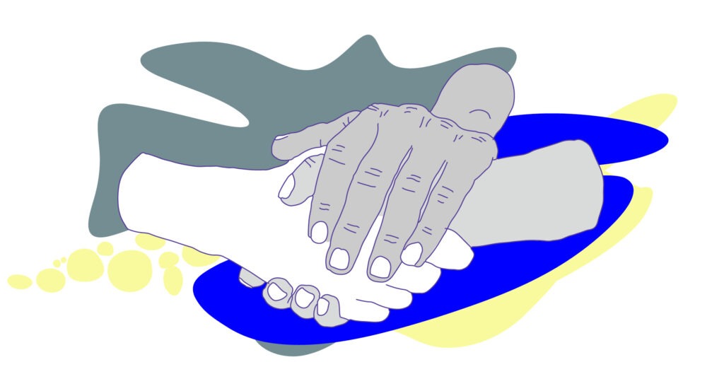 Illustration: Drei Hände halten einander verbunden.