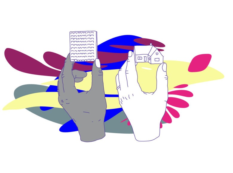 Illustration: Eine Hand hält ein Mehrfamilienhaus, das in die Spanne der Hand passt. Daneben hält eine Hand ein Einfamilienhaus.