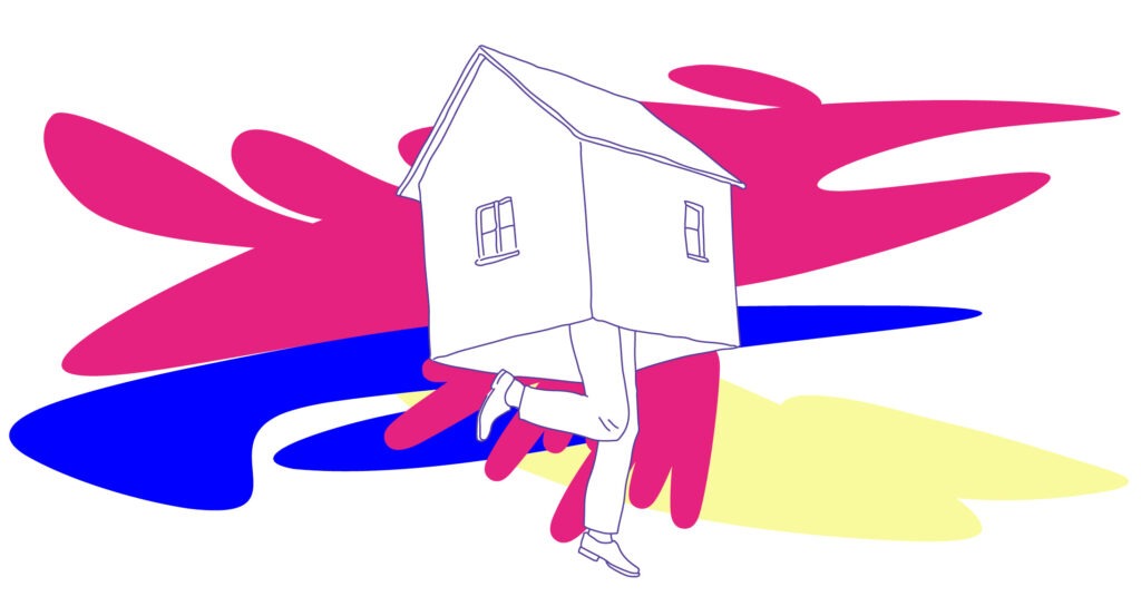 Illustration: Einfamilienhaus mit Beinen.