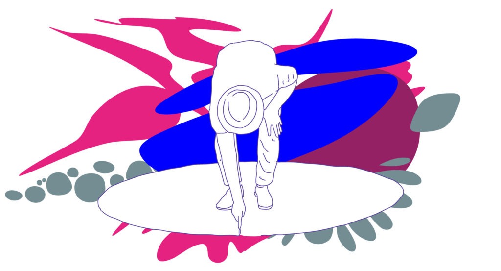 Illustration: Eine Person mit Hut zeichnet auf dem Boden einen Kreis.