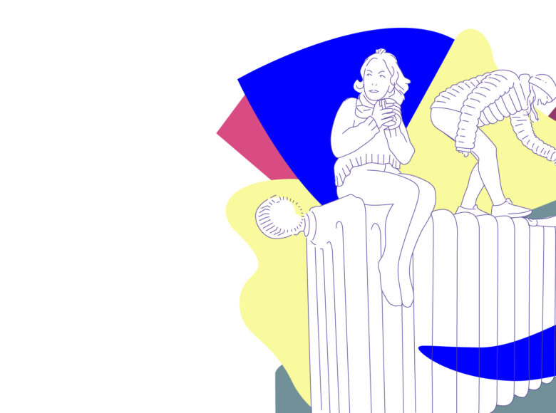 Illustration: eine Person sitzt auf einer Heizung, zwei weitere helfen sich dabei, auf die Heizung zu klettern